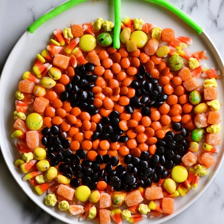 Vibrant orange candies form a giant smiling Jack-o-Lantern Candy Board, a sweet and shareable dessert platter.