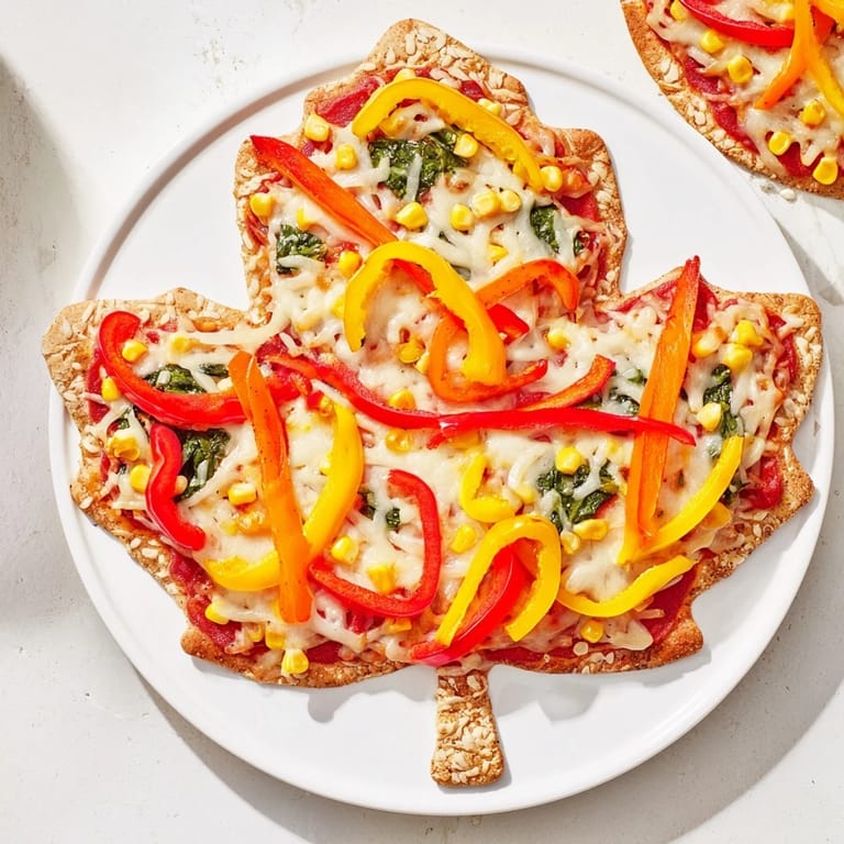Freshly baked and beautiful Fall Foliage Maple Leaf Mini Pizzas, showing off autumn veggie toppings, ready to enjoy.