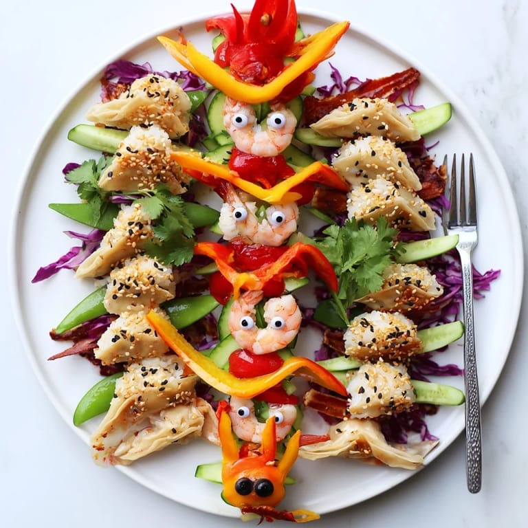 A stunning, close-up view of the appetizing Mighty Dragon Lunar New Year board, garnished and ready to eat.