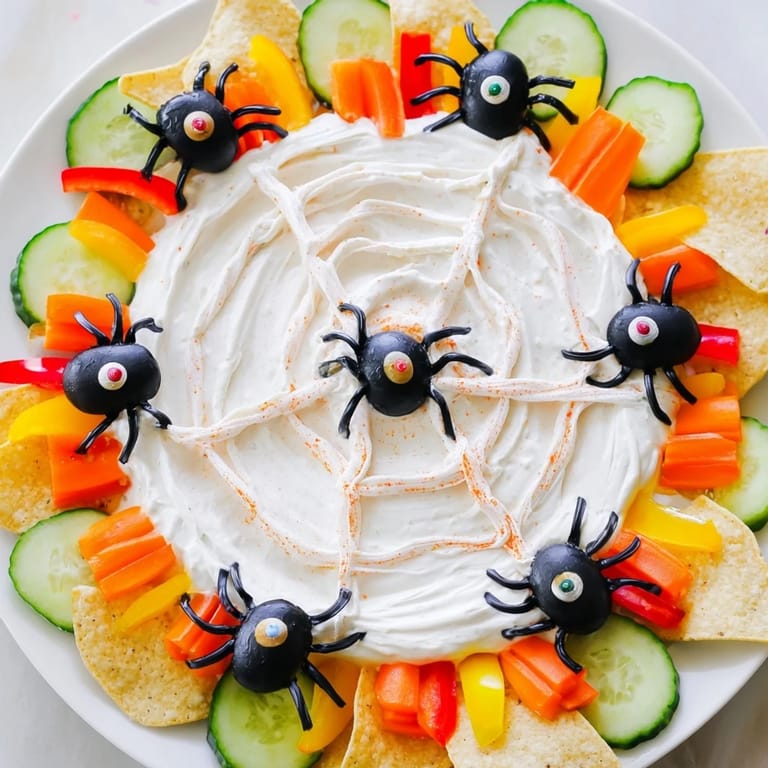 Homemade Creepy Crawly Spiderweb Platter: black olive spiders surrounded by fresh veggie dippers.