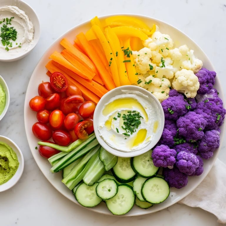 A close-up view of fresh Rainbow Vegetable Dips with a variety of colorful vegetables and dips.