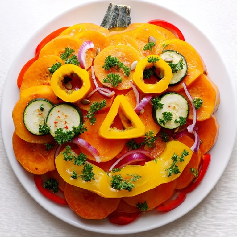 See this colorful Halloween Plate filled with roasted pumpkin, peppers, onions, and zucchini, bursting with flavor.