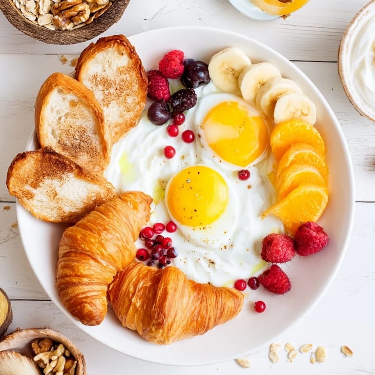 Enjoy the Soleil Matinal Breakfast Platter, featuring sunny-side-up eggs, fresh berries, and toasted bread ready to savor.