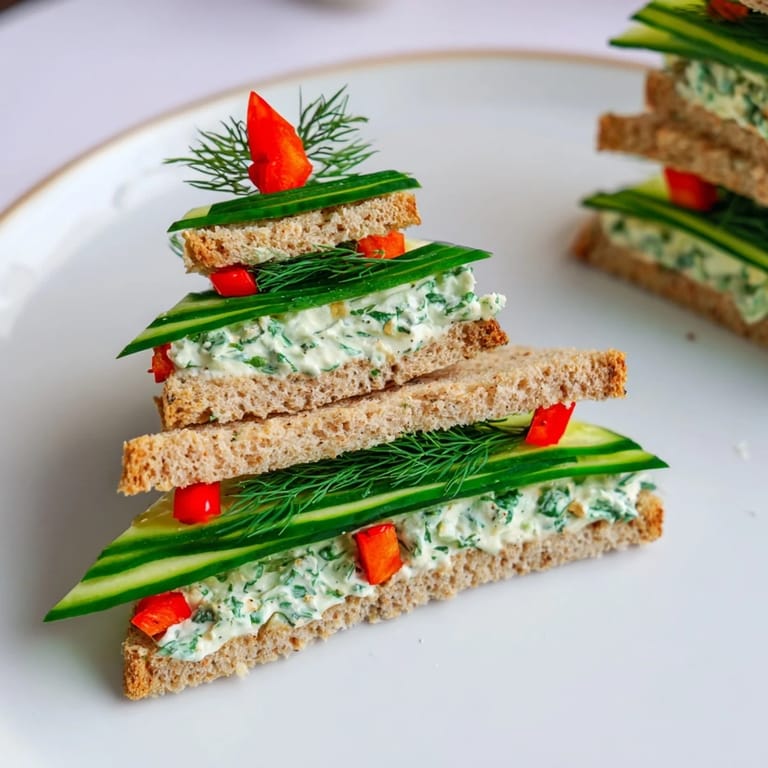 Brightly colored Cucumber and Cream Cheese Tree Stacks, refreshing summer snack with fresh herbs and crisp cucumber.