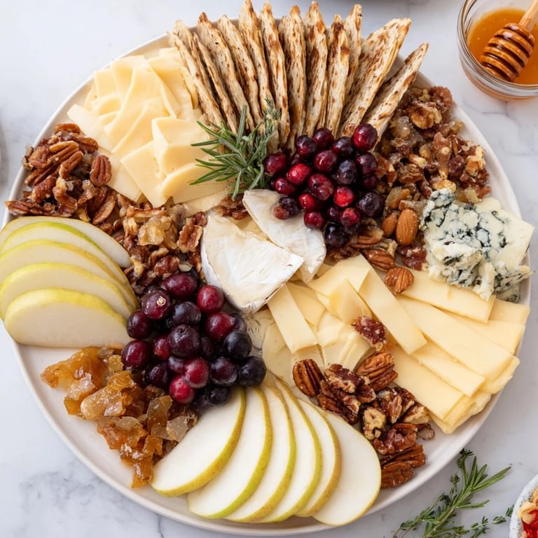 Vibrant Seasonal Platter with creamy cheeses, fresh grapes, and candied pecans, a perfect appetizer.