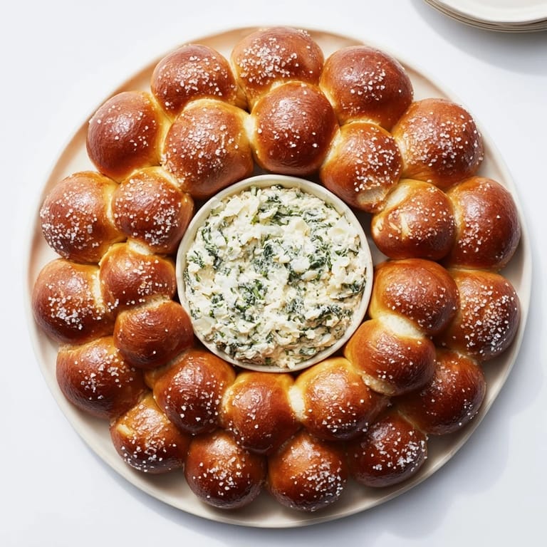 This appetizing Pretzel Wreath Dip Ring displays a vibrant ring of soft pretzels perfect for sharing at parties.