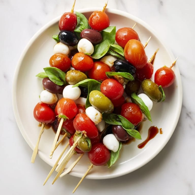Festive Christmas Lights Olive and Tomato Skewers boast bright red, green, and black jewels, easy finger food.