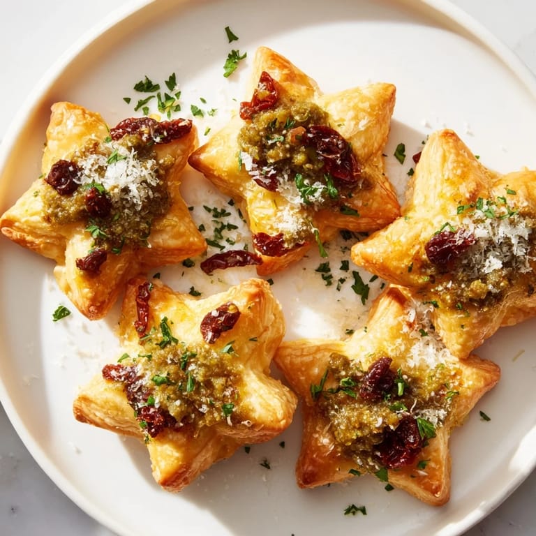 Freshly baked, beautifully garnished Olive and Sundried Tomato Star Garland ready to serve as an appetizer.