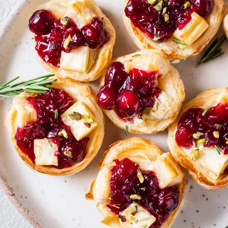 Close-up of baked Cranberry Brie Bites Wreath, showcasing melted brie, tart cranberries, and flaky puff pastry.