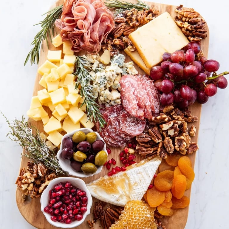 Detailed close-up on a tempting Winter Forest Meat and Cheese Charcuterie Scene with rosemary and grapes.