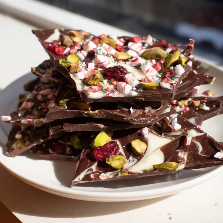 Beautifully marbled chocolate holiday bark, studded with pistachios and cranberries, a sweet treat ready to share.