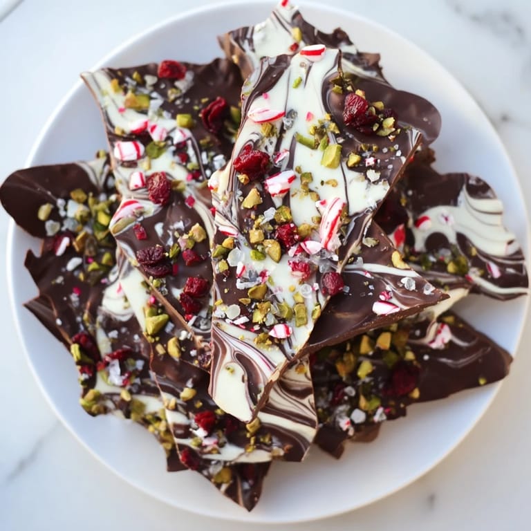 Deliciously crunchy holiday bark, showcasing vibrant toppings on a dark chocolate base, ideal for gifting.