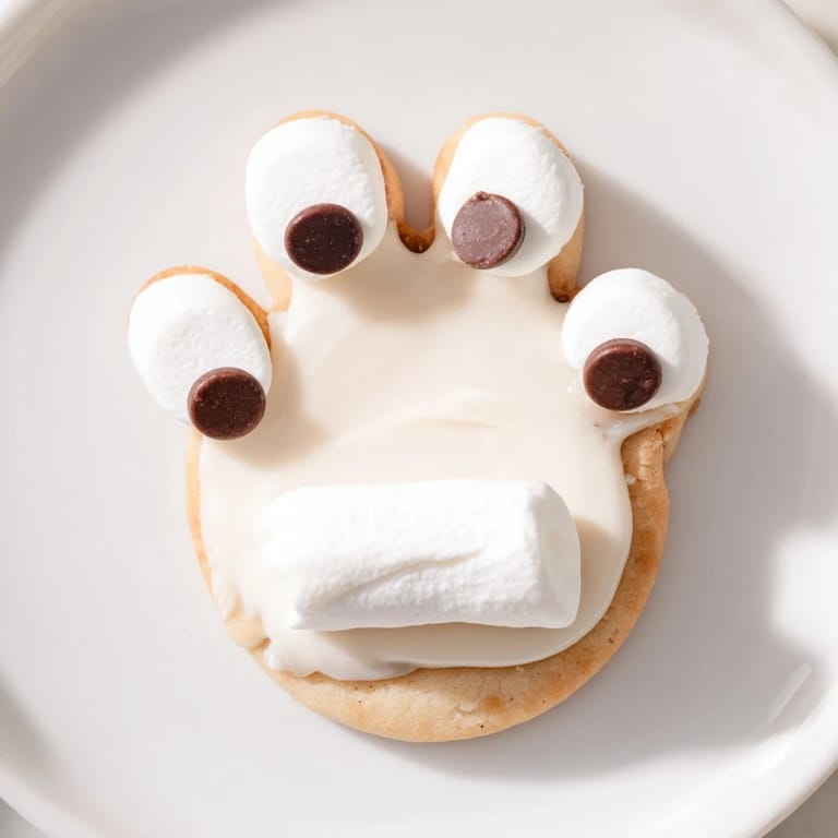 Close-up of cute, decorated Polar Bear Paw Print Cookies, perfect for a winter holiday dessert.