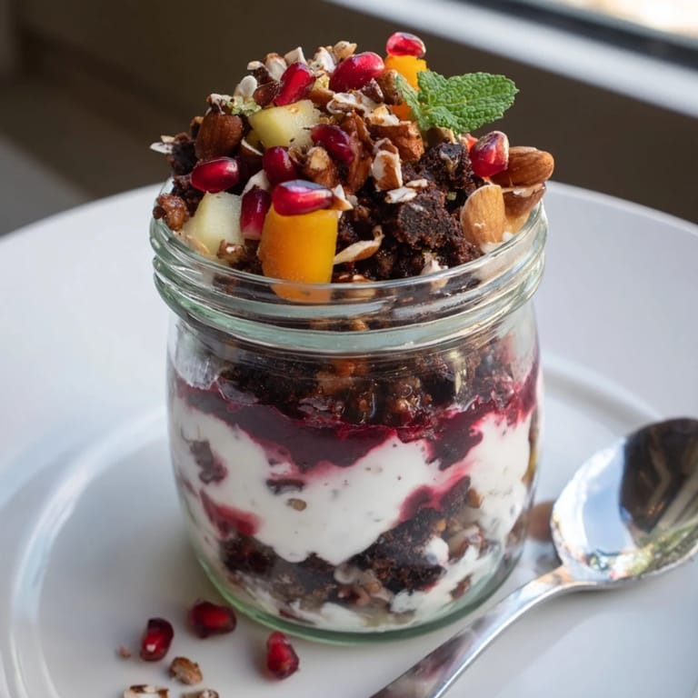 Festive Christmas Pudding Yogurt Parfait, beautifully layered with berries, spices, and toasted nuts, ready to enjoy.