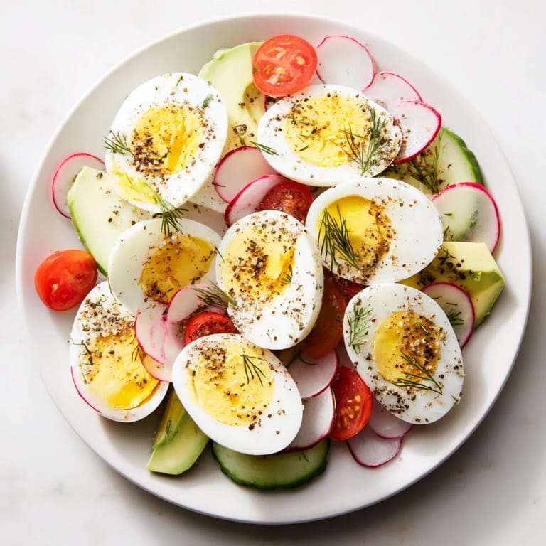 Crisp, sliced hard-boiled eggs generously sprinkled with everything bagel seasoning on a sharing brunch platter.