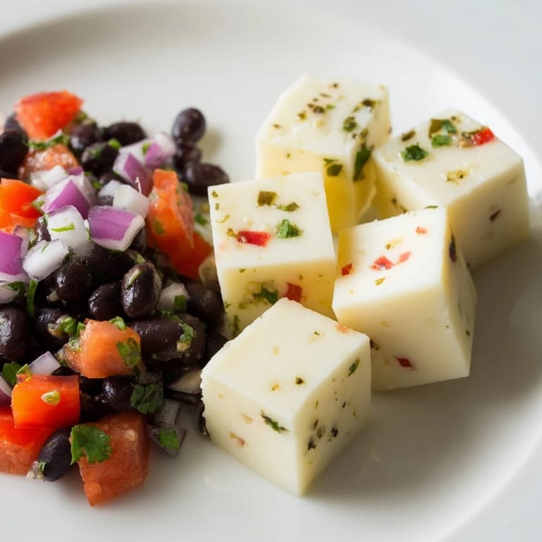 A close-up shot of the savory Pepper Jack cubes appetizer recipe with fresh, colorful salsa.