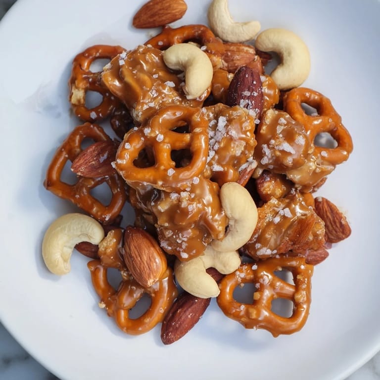This close-up showcases golden, crunchy salted caramel pretzels and nuts, ready to enjoy.
