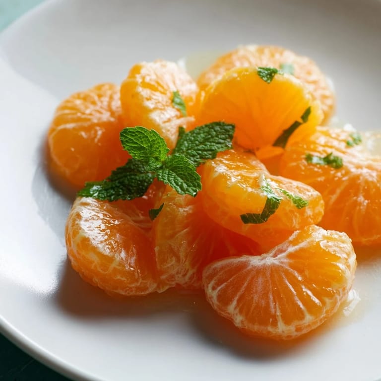 The chilled clementine and mint winter fruit salad, tossed lightly in a bowl, a light and refreshing dessert.