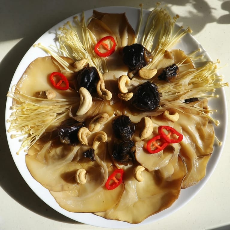 A visually appealing Umami Bomb Asian Delight recipe, showcasing mushrooms, seaweed, and dipping sauces on a platter.