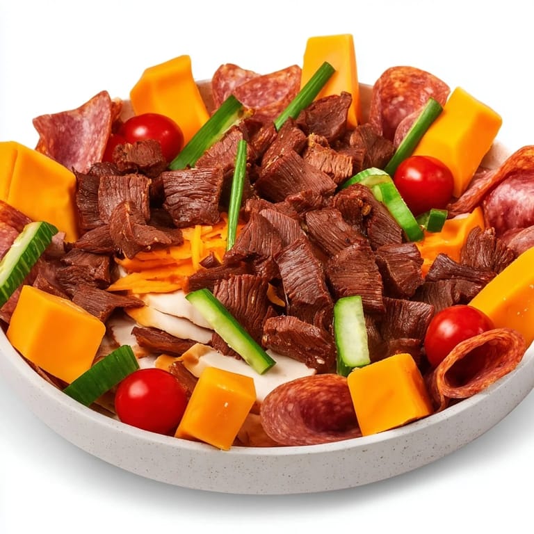 This Keto Power Plate showcases sliced roast beef and salami alongside cheddar and Gruyère cheeses.