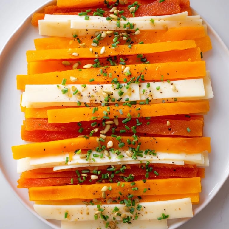 Beautifully arranged Serengeti Sunset, a vegetarian appetizer with sweet apricots and smoky Gouda slices.