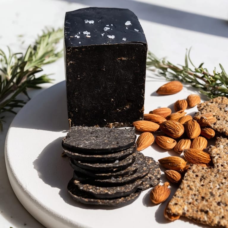 A striking appetizer: an Obsidian Peak cheese platter with sharp cheddar and dark, crunchy accompaniments.