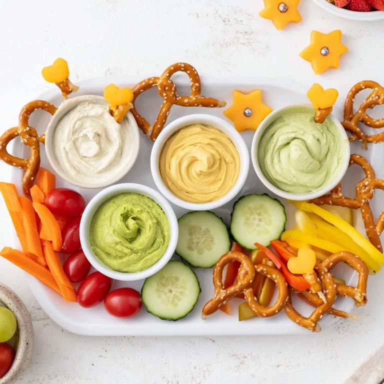 A whimsical The Kids Snack Adventure Map, showing colorful fruit and veggie snacks with cheese cutouts on pretzel trails.