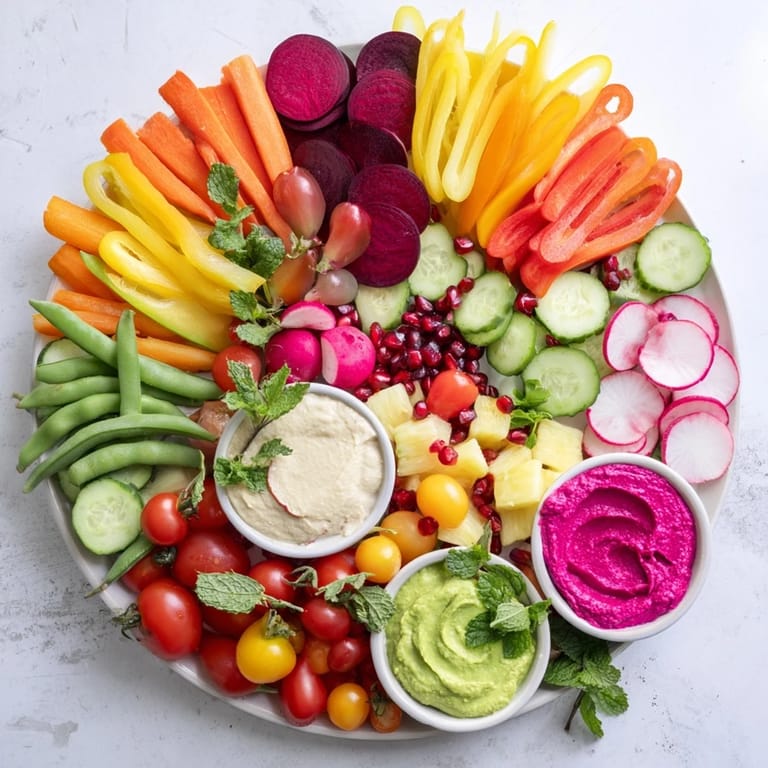 Fresh Vegan Gardener Platter, overflowing with colorful veggies, fruits, and dips, a festive and delicious spread.