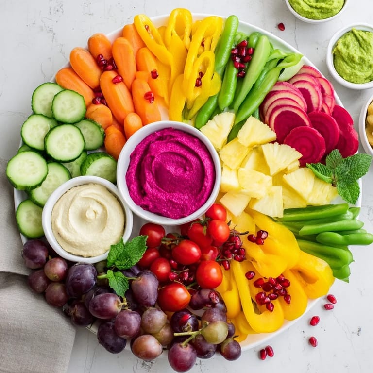 This Vegan Global Gardener Platter showcases colorful veggies and fruits, arranged for a delightful, healthy snack option.