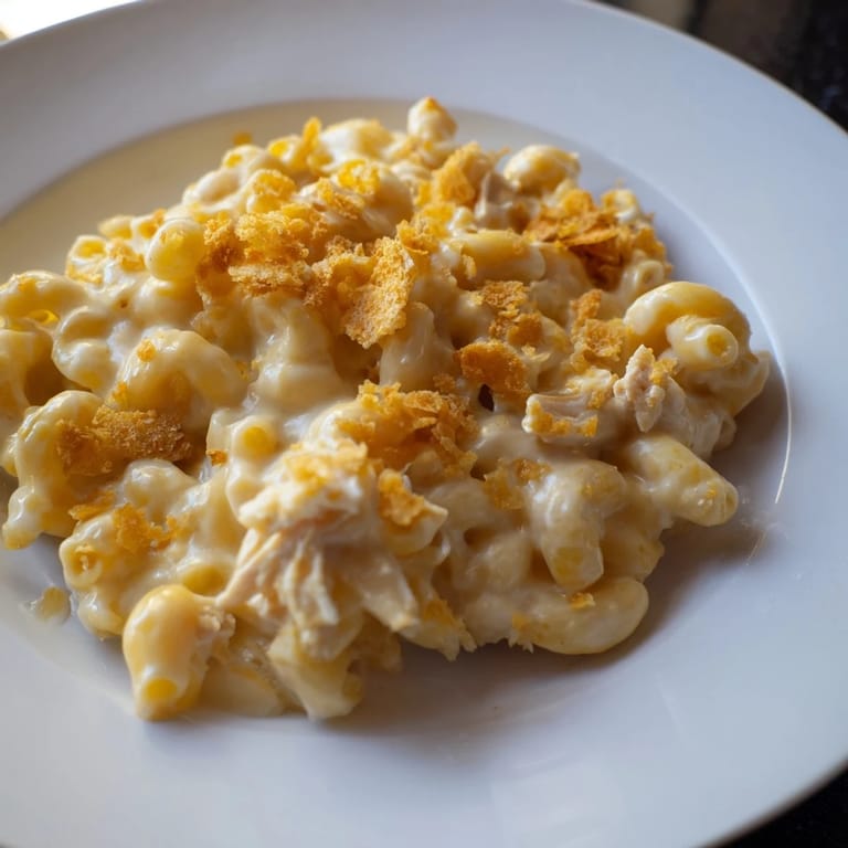 A close-up of delicious Struggle Meal Chicken Macaroni with melted cheese and tender macaroni awaiting a forkful.