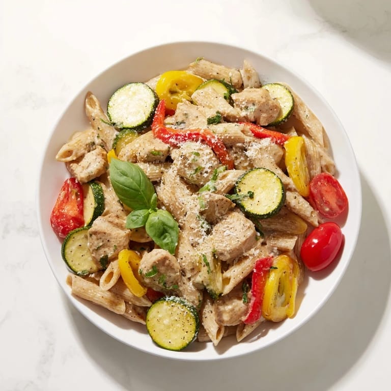 Vibrant 5-4-3-2-1 Pasta Primavera with colorful vegetables and tender chicken, ready to enjoy.