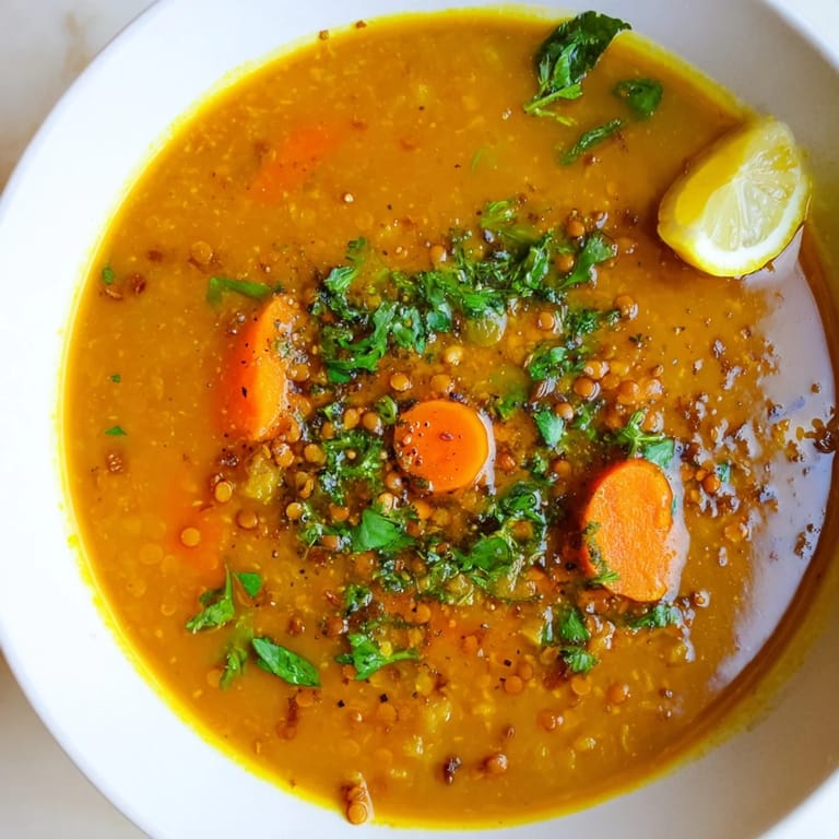 Close-up of a flavorful Spiced Carrot Lentil Soup, showcasing tender carrots with savory spices.