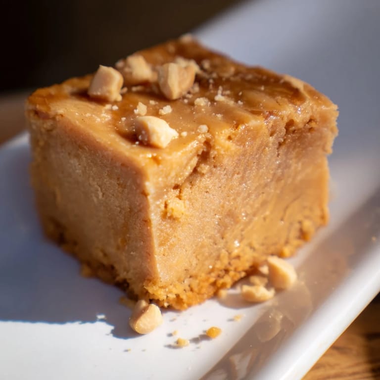 A slice of rich and chewy Peanut Butter Mochi Cake, perfect for dessert or a sweet treat.