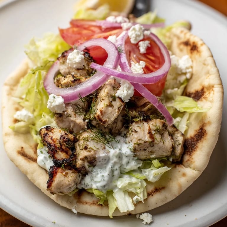 Warm pita bread wrapped around grilled Greek Chicken Souvlaki, crisp lettuce, tomatoes, and a refreshing tzatziki sauce.