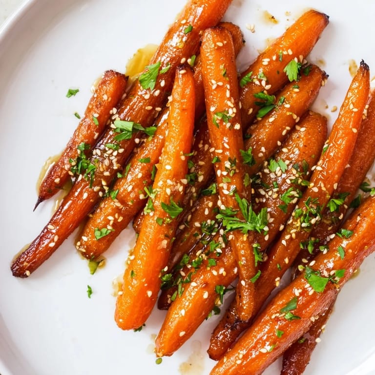 Sweet and savory Maple Mustard Roasted Carrots, a delicious vegetarian side dish, fresh from the oven.