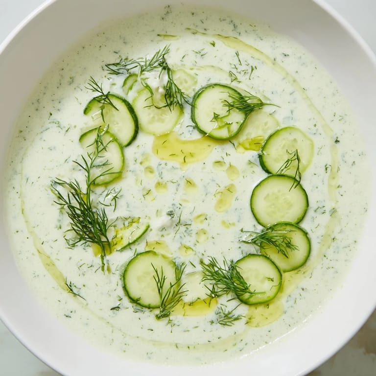 Creamy Chilled Cucumber Garlic Soup, garnished with fresh herbs, a light and refreshing summer appetizer.
