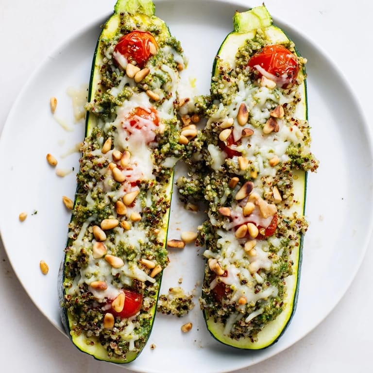 Enjoy a taste of the Mediterranean with these baked Cheesy Pesto Zucchini Boats, perfect for a vegetarian meal.