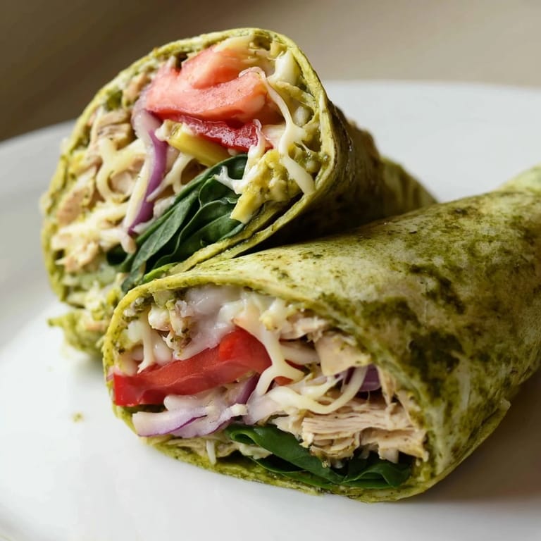 Perfectly rolled pesto chicken wrap, bursting with fresh ingredients, ideal for a quick and easy meal.