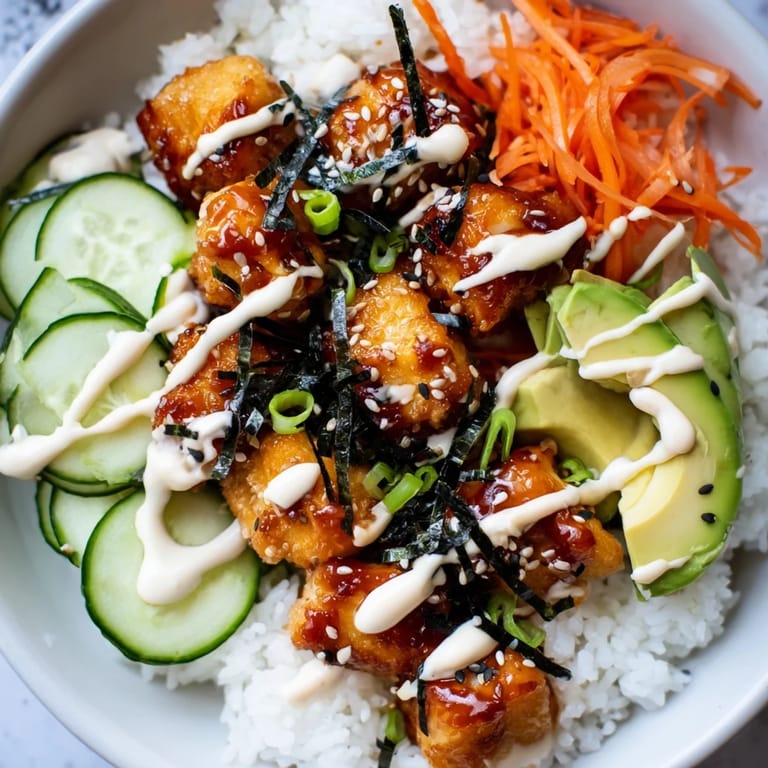 Crispy salmon bites bowl, featuring tender salmon pieces atop fluffy rice with bright garnishes and sauce.