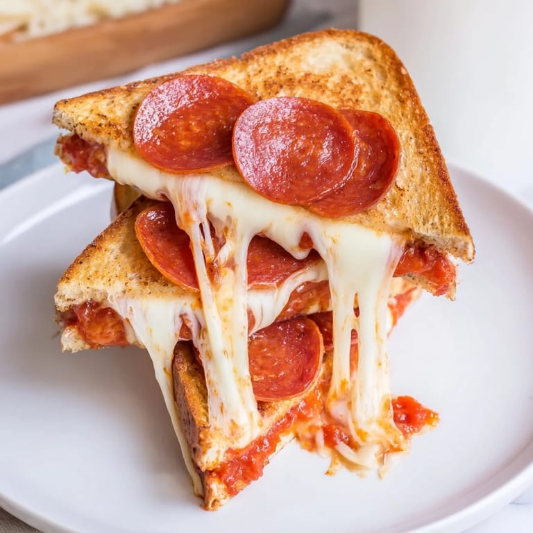 Perfectly crispy Pizza Grilled Cheese halves, showing the melted cheese and pepperoni, ideal for a quick lunch.