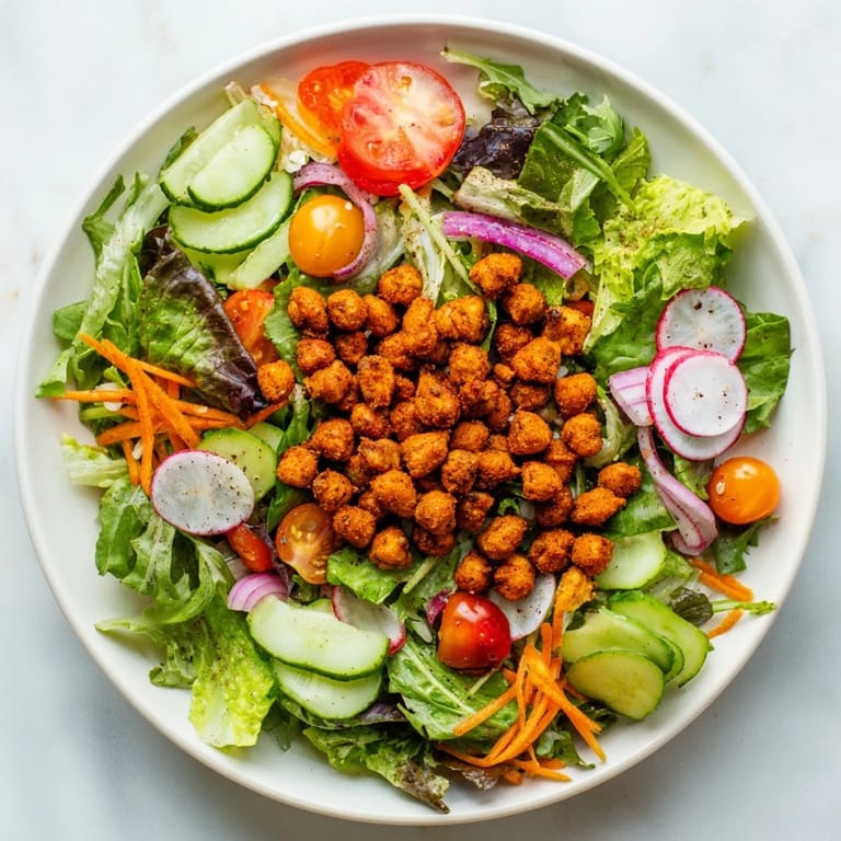 Crispy golden chickpea croutons top this vibrant Mixed Greens Salad, ready for lunch.