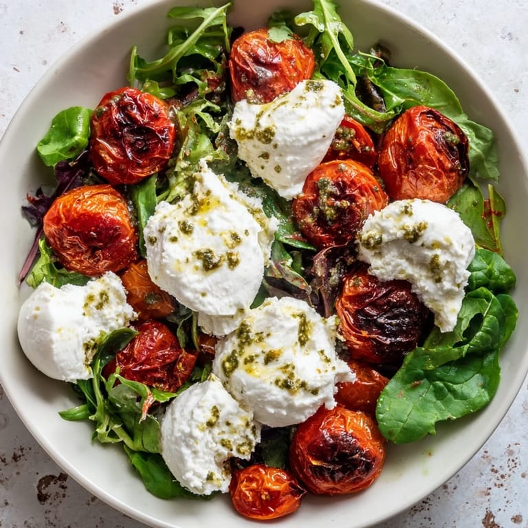 A close-up of the delicious Charred Tomato Salad with Burrata, showing the creamy burrata and greens.
