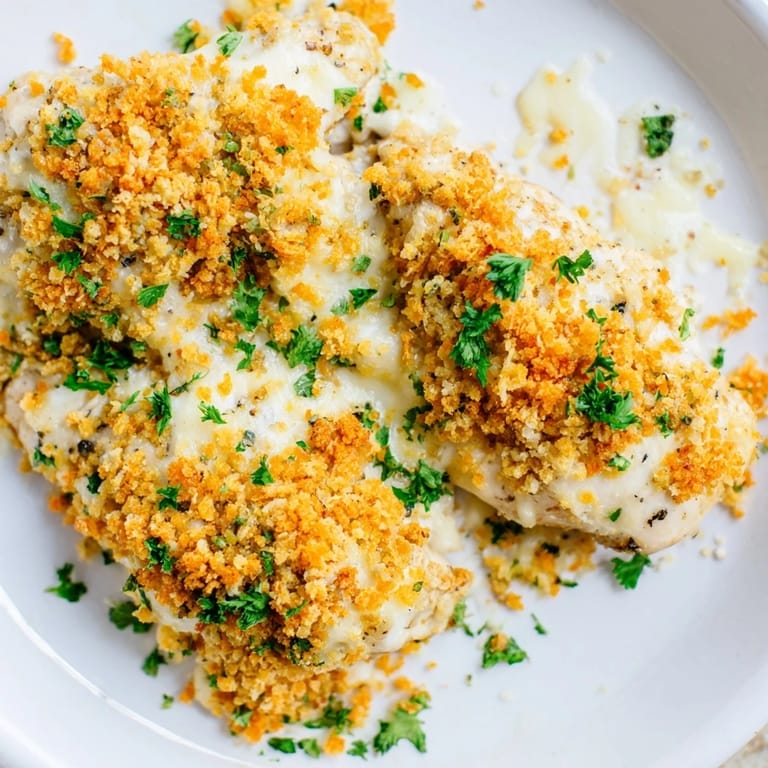 Savory Cheesy Baked Chicken Breast, perfectly cooked with a crispy breadcrumb and cheese topping, ready to serve.