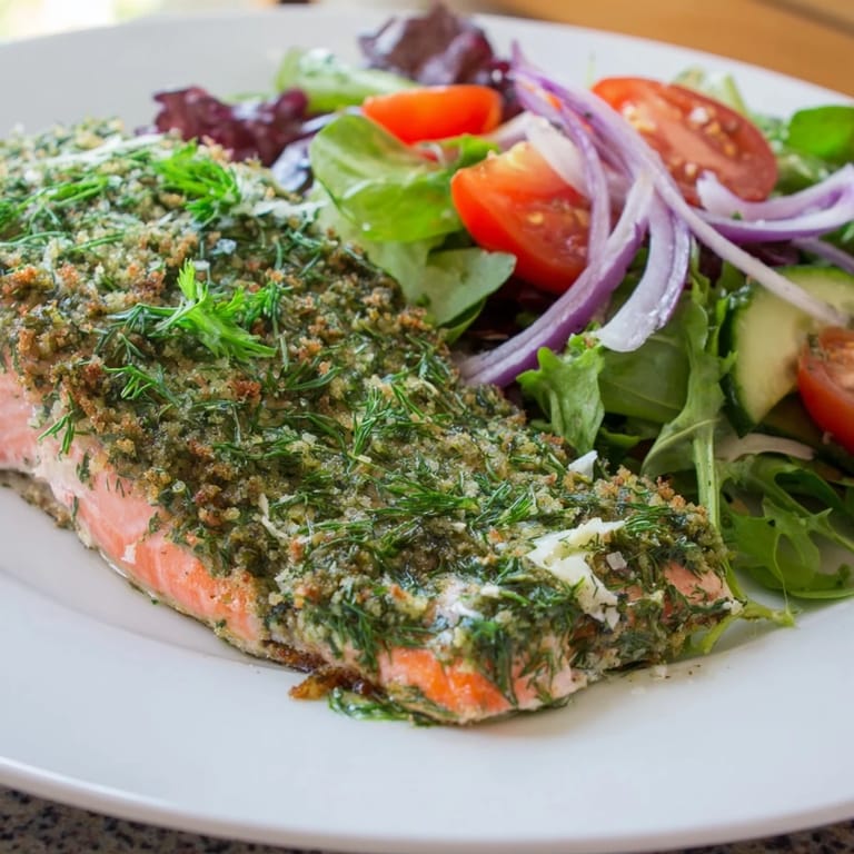 Flaky herb-crusted salmon atop fresh salad, drizzled with vinaigrette, perfect for a light supper.