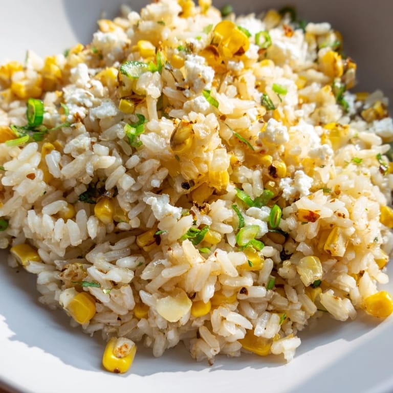 Golden-yellow Mexican Street Corn Rice, a delicious side, is served alongside grilled tacos on a plate.