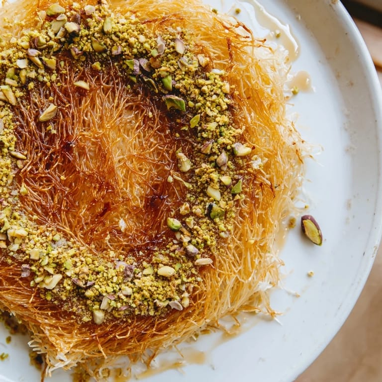 Warm, cheesy inside, this Lebanese Knafeh features a crispy phyllo crust and sweet syrup.