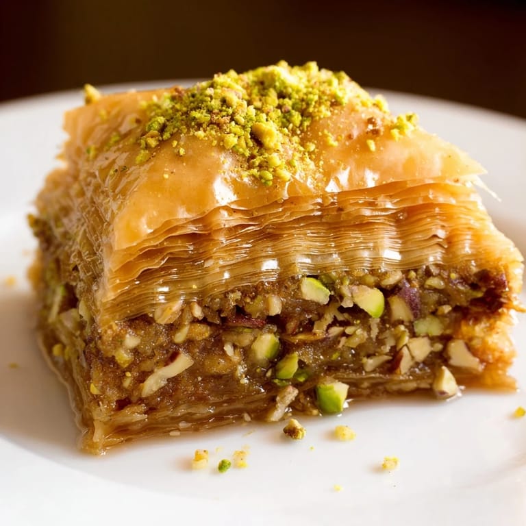 A close-up of flaky Turkish baklava with a rich honey syrup, perfect for a dessert craving.