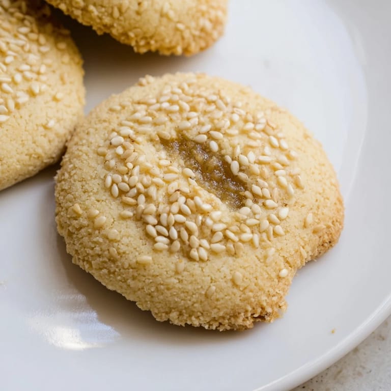 These warm and freshly baked Palestinian Kahk cookies are fragrantly coated in sesame seeds.