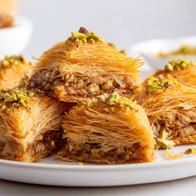 Close-up of baked Egyptian Konafa, showcasing layers of crispy kataifi and a rich nut filling.