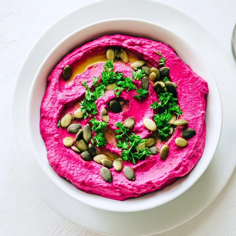 Creamy pink beet hummus dip served with fresh pita and crunchy vegetable crudités.